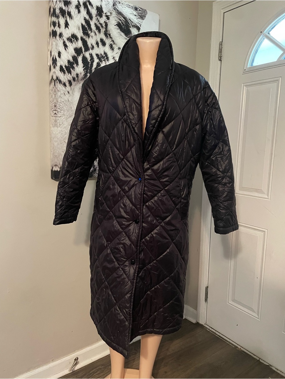 Woman’s Black Diamond quilted maxi puffer coat open shawl collar Daisy small
